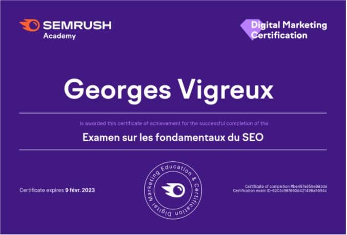 Certification SemRush sur les fondamentaux du SEO attribuée à Georges Vigreux