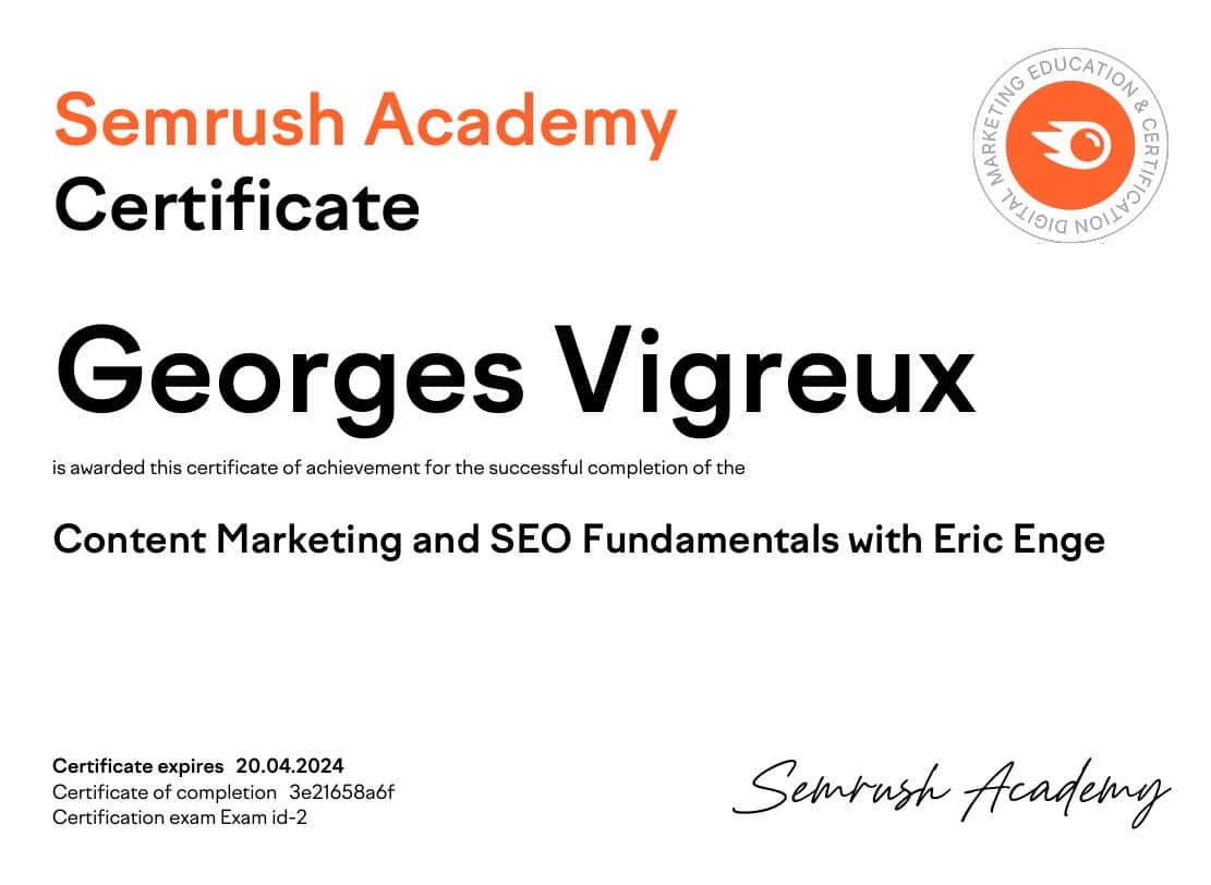 Certificat Content Marketing and SEO Fundamentals with Eric Enge - SemRush