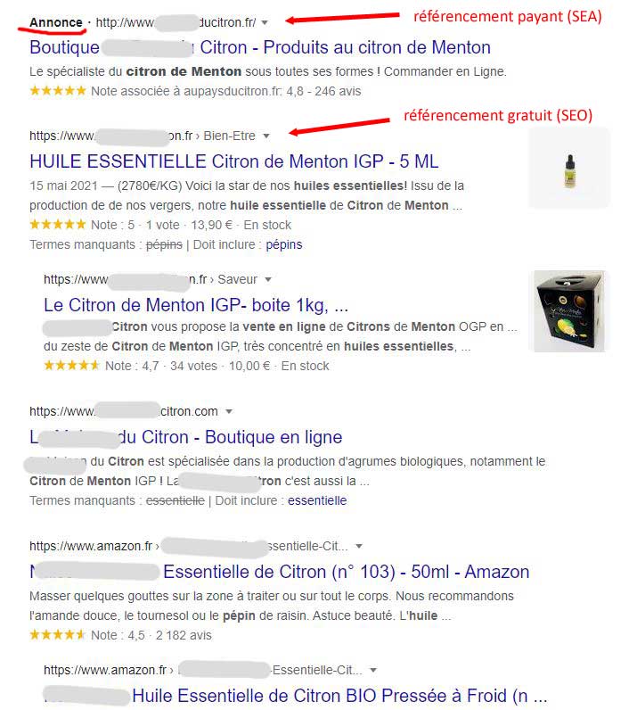 Explications sur le SEO d'une requête sur les huiles essentielles de citron de Menton