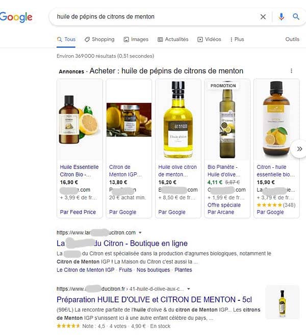 Huile au citrons de Menton - exemple de TITLE en SEO