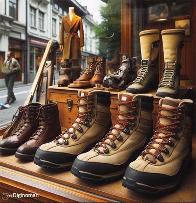 Illustration de pages soeurs, dans la construction d'un cocon sémantique, avec différents types de chaussures en vitrine. Image créée par IA via un prompt engineer