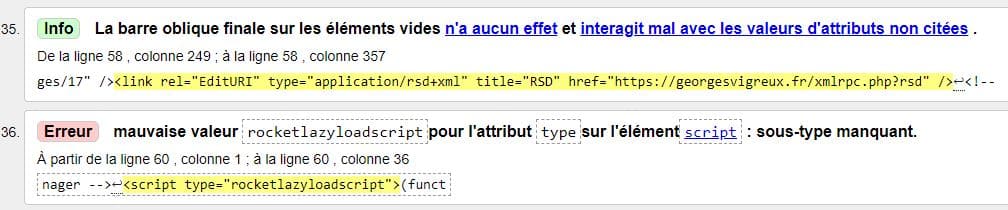 Affichage d'erreurs dans les tests W3C