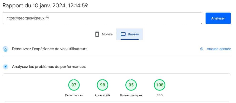 Exemple de rapport PageSpeed Insights montrant les indicateurs de performance d'un site web, celui de diginoman.fr