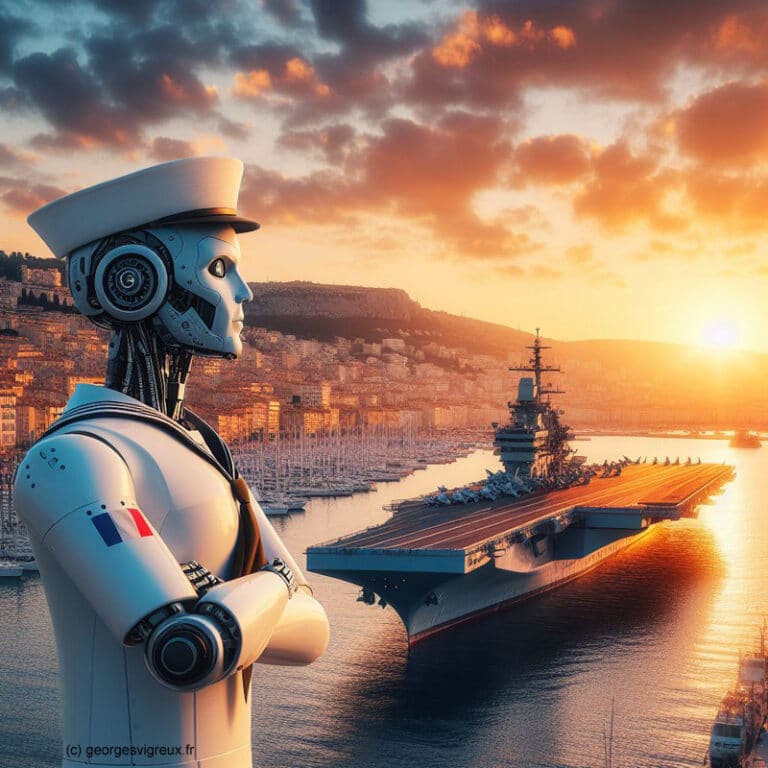 Robot marin pompier admirant un coucher de soleil au dessus d'un porte-avions dans la rade de Toulon. Image Dall-E