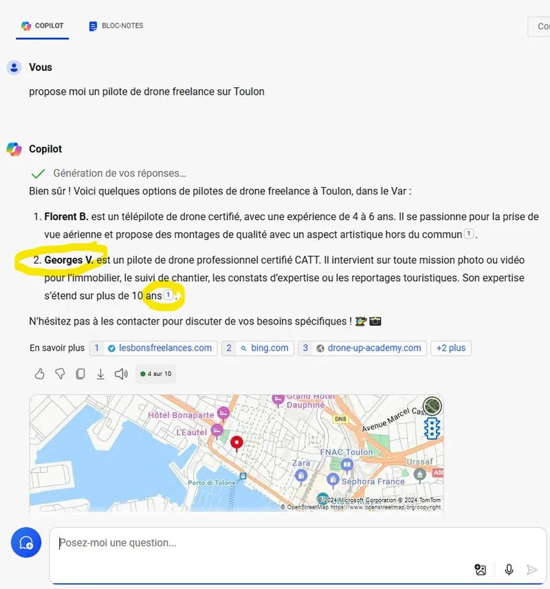 copie d'écran de Copilot, l'assistant de recherche de Bing, suite à une demande de recherche de pilote de drone freelance à Toulon