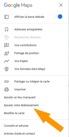 Ajouter un établissement depuis le menu de Google Maps