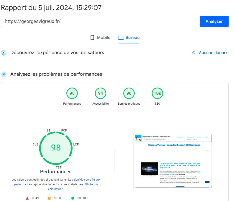 Affichage des performances du site Diginoman.fr dans PageSpeed Insights