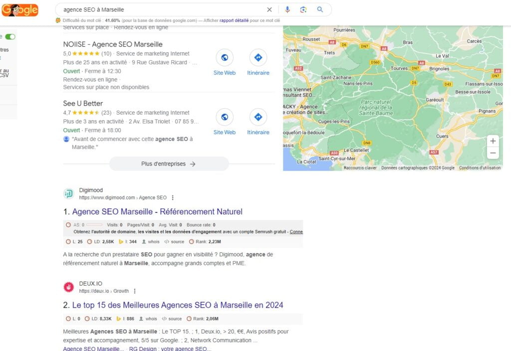 copie d'écran d'un résultat de recherche sur Google pour "agence SEO à Marseille"