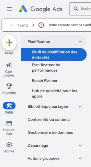 Barre d'outils de Google Ads