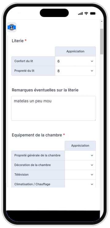 Application mobile pour client mystère. Exemple de grille d'évaluation d'hôtel créée par Diginoman