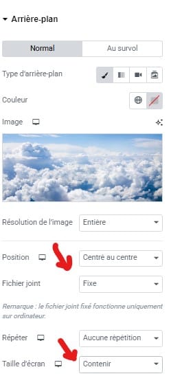 Réglages pour afficher une image d'arrière-plan dans un conteneur Elementor