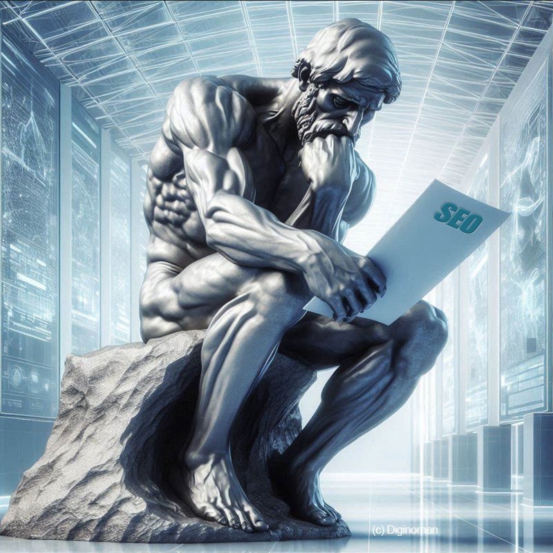 Penseur de Rodin en train de réfléchir à la création d'une campagne d'annonce Google Ads pour une prestation Diginoman